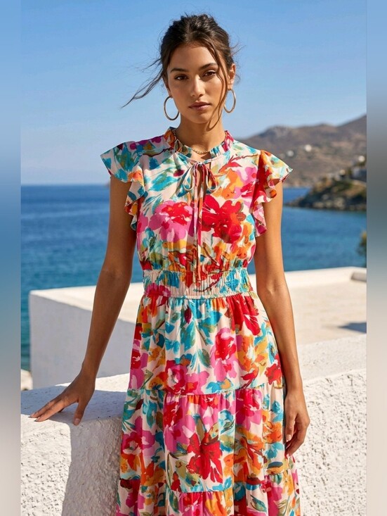 Kranda Dresses & Skirts - Floral Tie-Neck Maxi Dress in Multi Size Medium